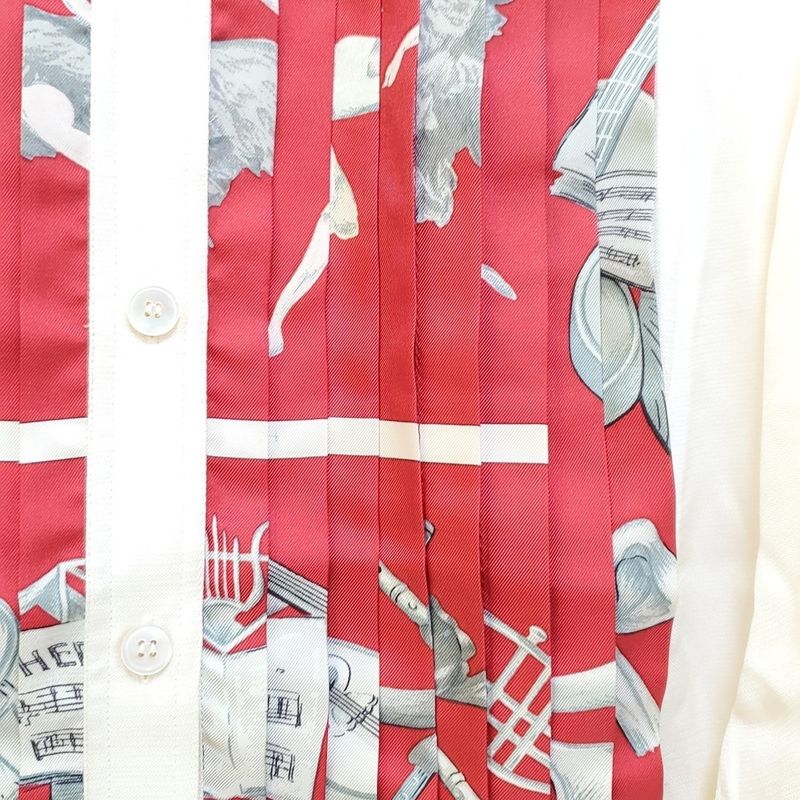 Hermes Long Sleeve Shirt Blouse Size 40 M Women's - Ivory Red And Gray Silk/plea