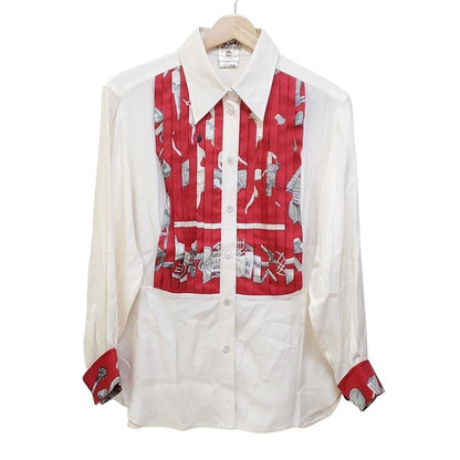 Hermes Long Sleeve Shirt Blouse Size 40 M Women's - Ivory Red And Gray Silk/plea