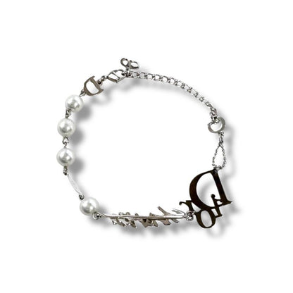 Christian DIOR Silver Logo Plated Pearl Bracelet Silver Hardware SV