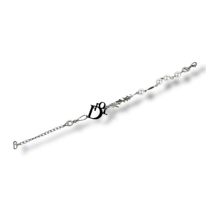Christian DIOR Silver Logo Plated Pearl Bracelet Silver Hardware SV