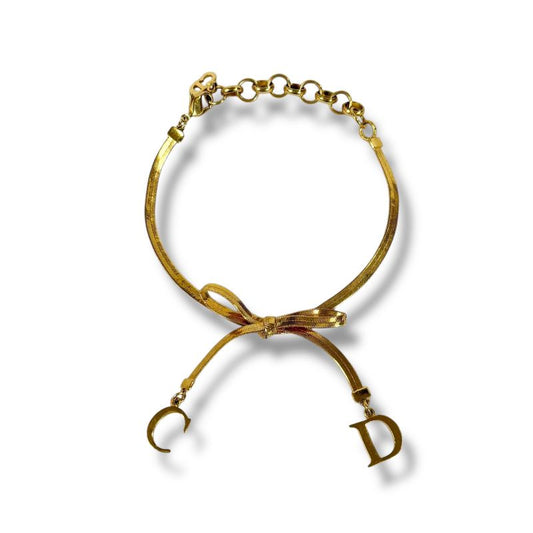 Christian DIOR Bracelet Ribbon CD Logo Gold Hardware Vintage