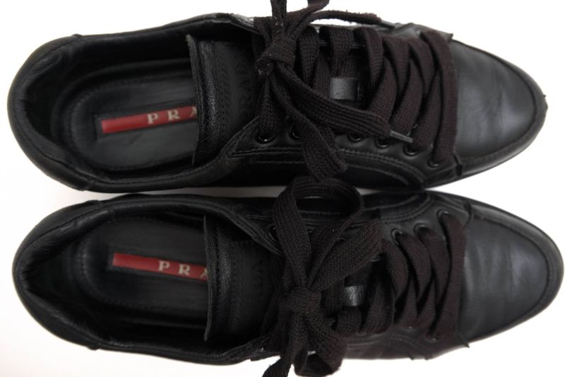 Prada Shoes Sneakers Shoes Low Cut Ladies Women Leather Genuine Black 3e5620