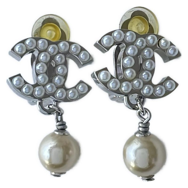 Chanel Earring Coco Mark Silver X White X Beige