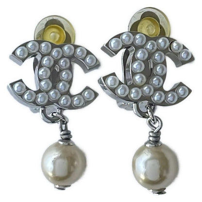 Chanel Earring Coco Mark Silver X White X Beige