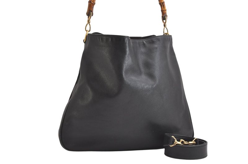 Gucci Bamboo 2way Shoulder Handbag Leather 0011577 Black Junk 3703n