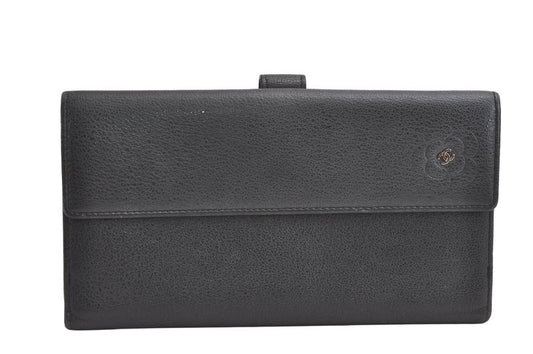 Chanel Butterfly Camellia Lambskin CC Logo Long Wallet Black 3714n