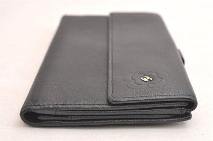 Chanel Butterfly Camellia Lambskin CC Logo Long Wallet Black 3714n