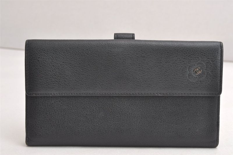Chanel Butterfly Camellia Lambskin CC Logo Long Wallet Black 3714n