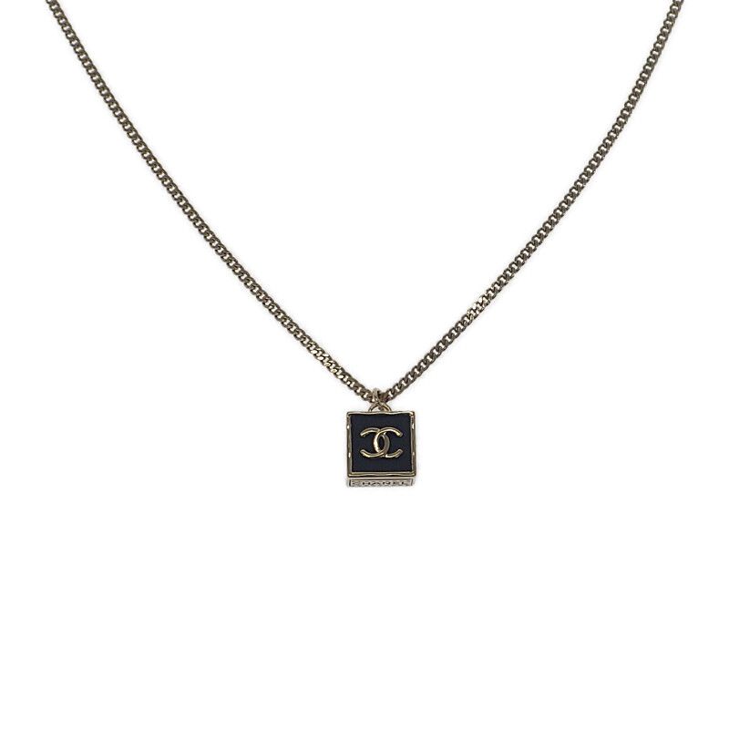 Chanel CC Square Necklace Metal Gold Black Ladies Pendant Choker Classy [grade A