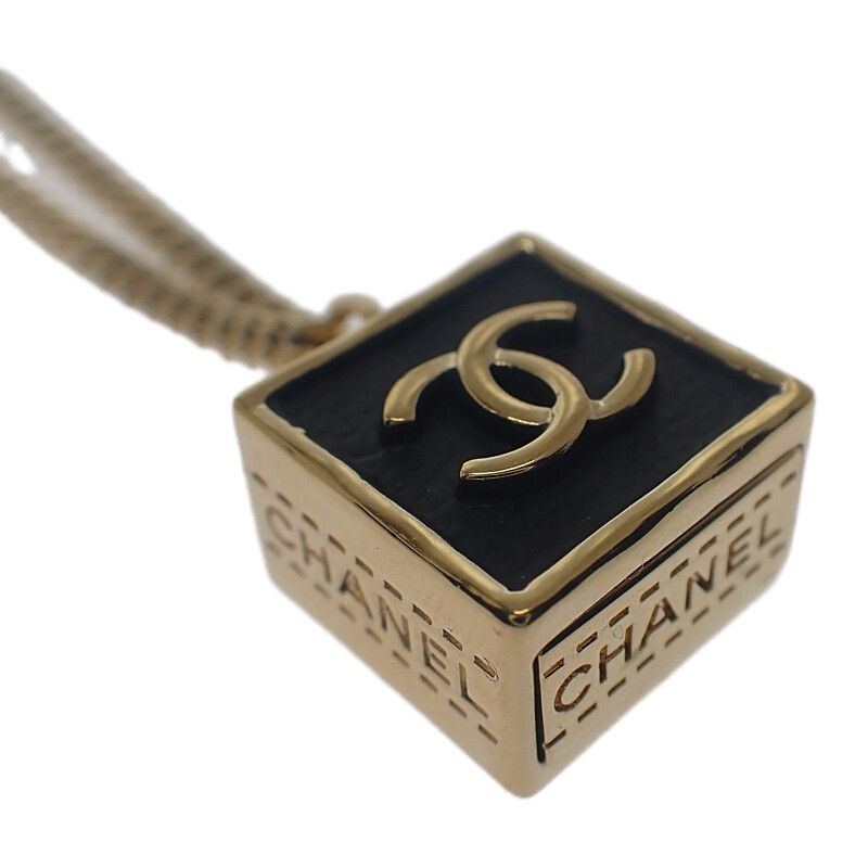 Chanel CC Square Necklace Metal Gold Black Ladies Pendant Choker Classy [grade A