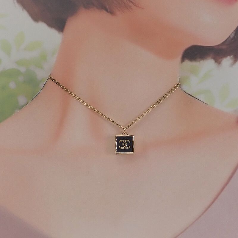 Chanel CC Square Necklace Metal Gold Black Ladies Pendant Choker Classy [grade A
