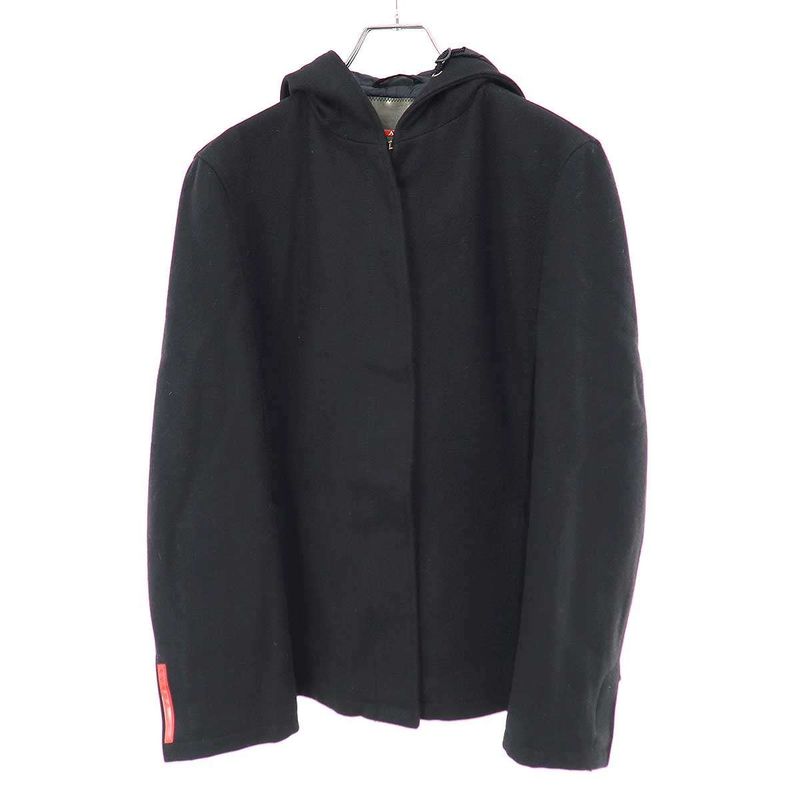 Prada Sport Wool Nylon Layered Hooded Jacket Black 42