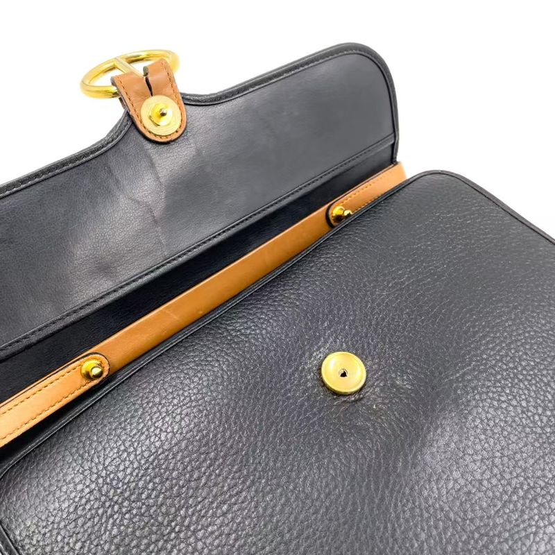 Christian Dior Gold Logo Hardware Leather Black And Light Brown Handbag Gold