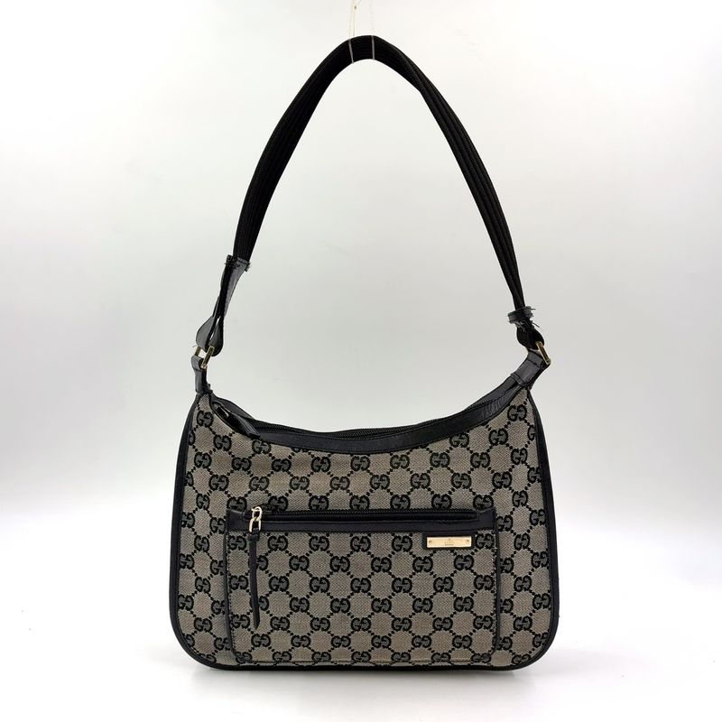 Gucci GG Canvas One Shoulder Leather X Canvas Black X Beige Handbag Gold