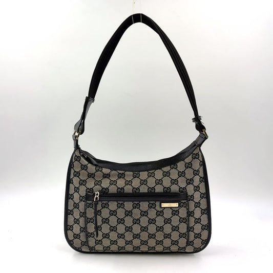 Gucci GG Canvas One Shoulder Leather X Canvas Black X Beige Handbag Gold