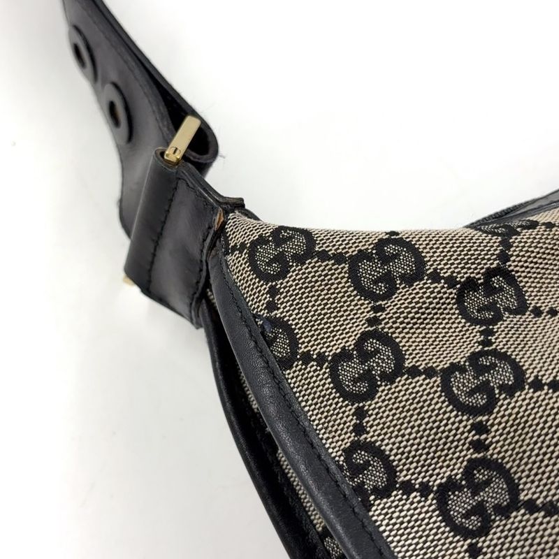 Gucci GG Canvas One Shoulder Leather X Canvas Black X Beige Handbag Gold