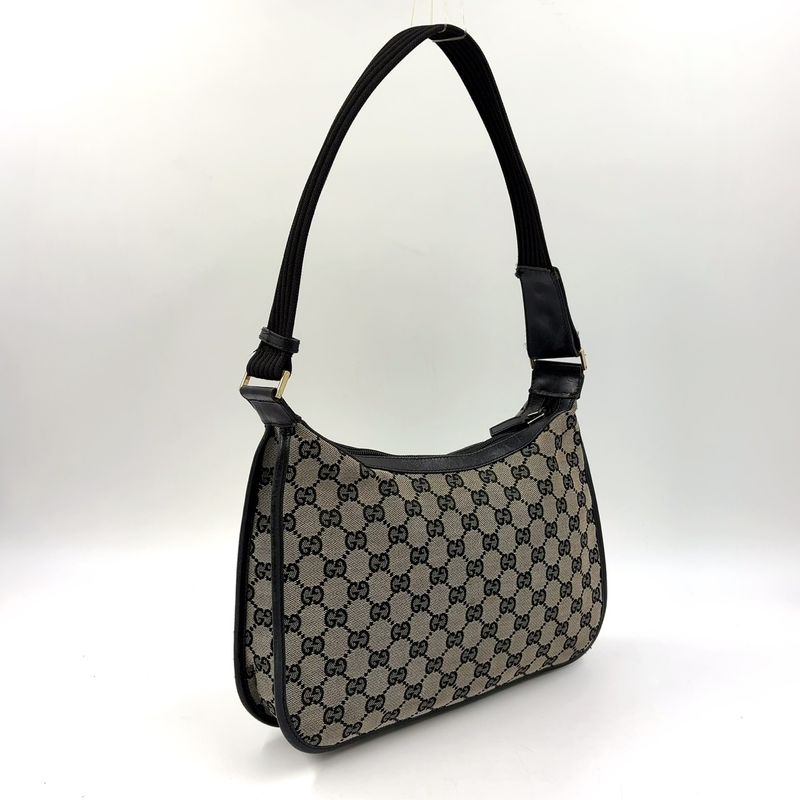 Gucci GG Canvas One Shoulder Leather X Canvas Black X Beige Handbag Gold