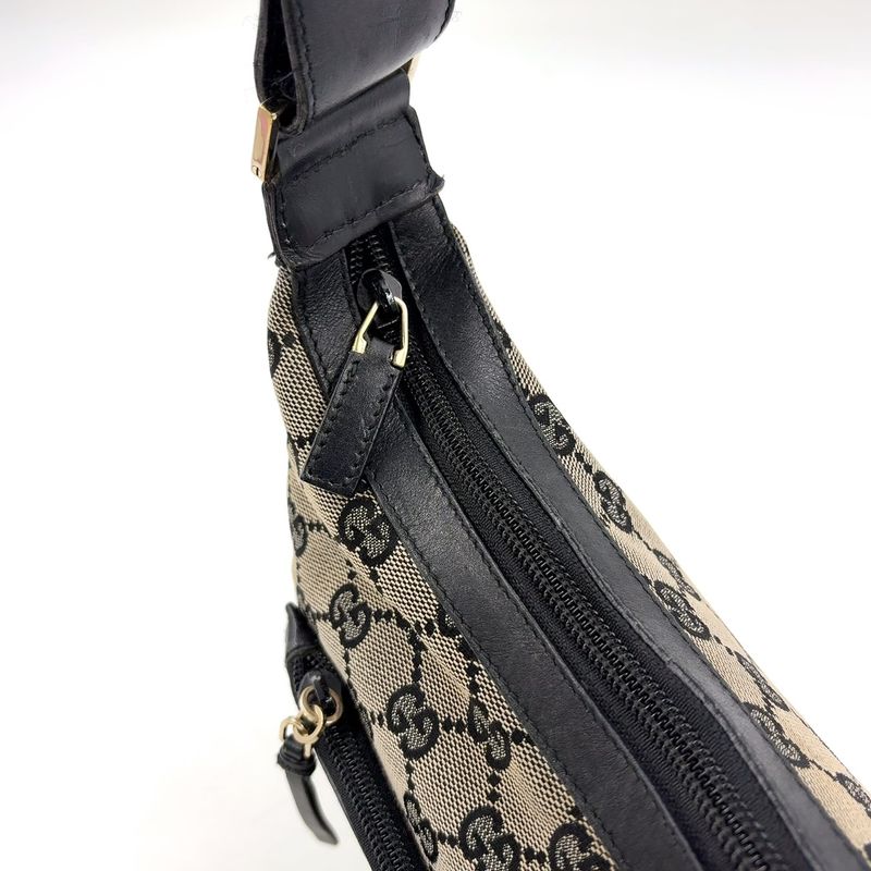 Gucci GG Canvas One Shoulder Leather X Canvas Black X Beige Handbag Gold