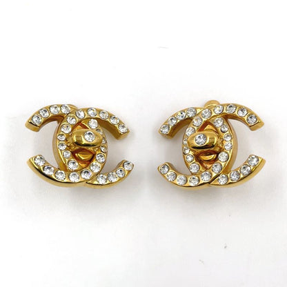 Chanel Coco Mark Turnlock GP X Rhinestone Clear X Gold Earrings