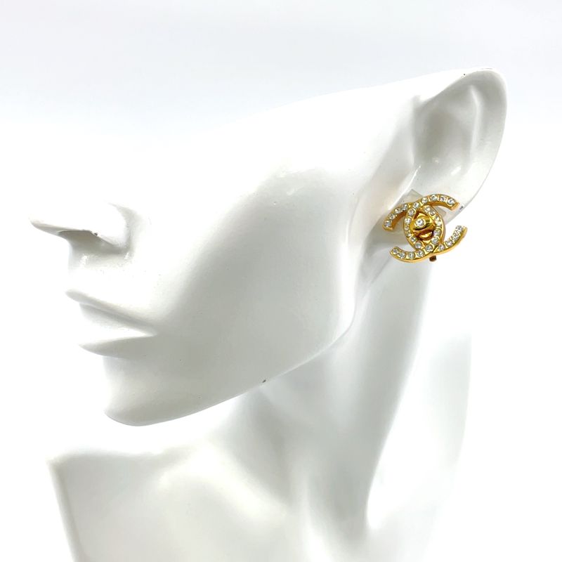 Chanel Coco Mark Turnlock GP X Rhinestone Clear X Gold Earrings