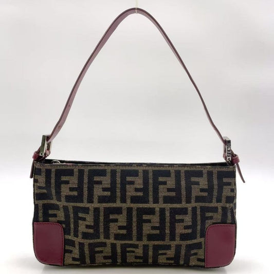 Fendi Zucca Pattern One Shoulder Leather X Canvas Khaki Brown X Bordeaux