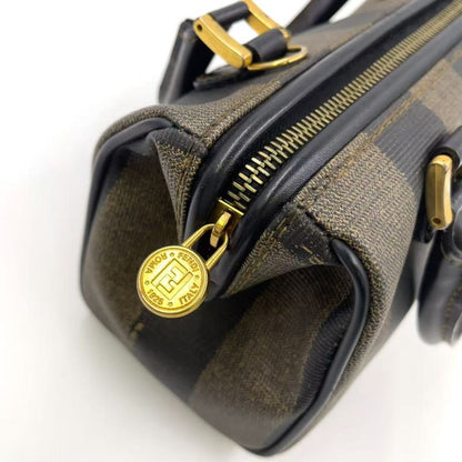 Fendi Pecan Pattern Mini Boston PVC Khaki Brown And Black Handbag Gold