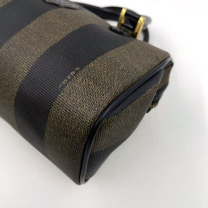 Fendi Pecan Pattern Mini Boston PVC Khaki Brown And Black Handbag Gold