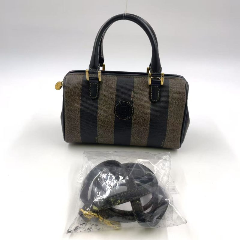 Fendi Pecan Pattern Mini Boston PVC Khaki Brown And Black Handbag Gold