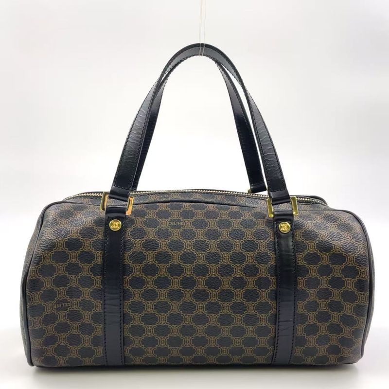 Celine Macadam Pattern Mini Boston Leather X PVC Brown X Black Handbag Gold