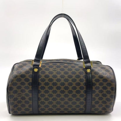 Celine Macadam Pattern Mini Boston Leather X PVC Brown X Black Handbag Gold