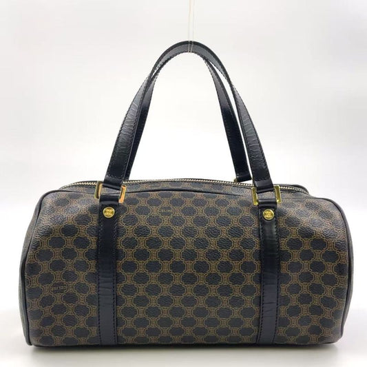 Celine Macadam Pattern Mini Boston Leather X PVC Brown X Black Handbag Gold