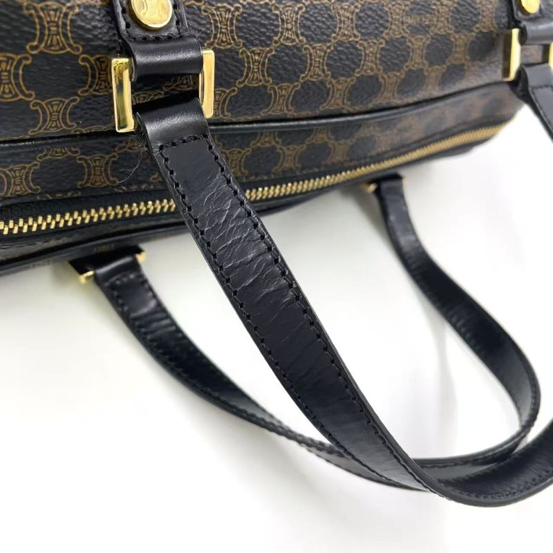 Celine Macadam Pattern Mini Boston Leather X PVC Brown X Black Handbag Gold