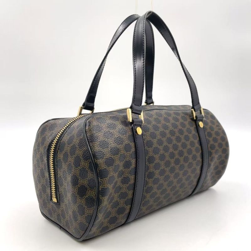 Celine Macadam Pattern Mini Boston Leather X PVC Brown X Black Handbag Gold