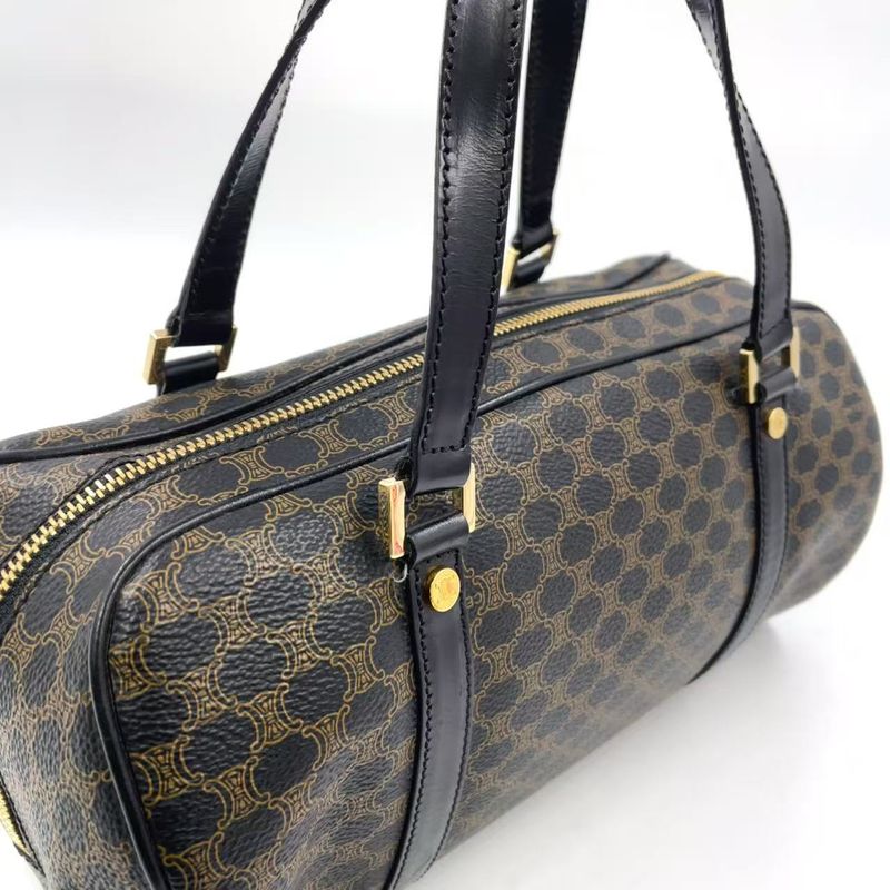 Celine Macadam Pattern Mini Boston Leather X PVC Brown X Black Handbag Gold