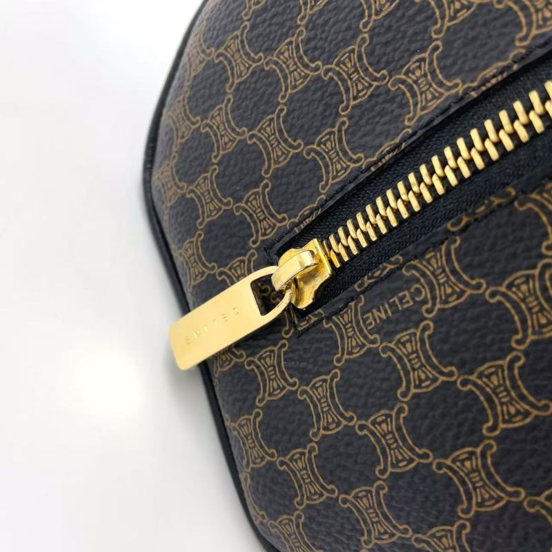 Celine Macadam Pattern Mini Boston Leather X PVC Brown X Black Handbag Gold