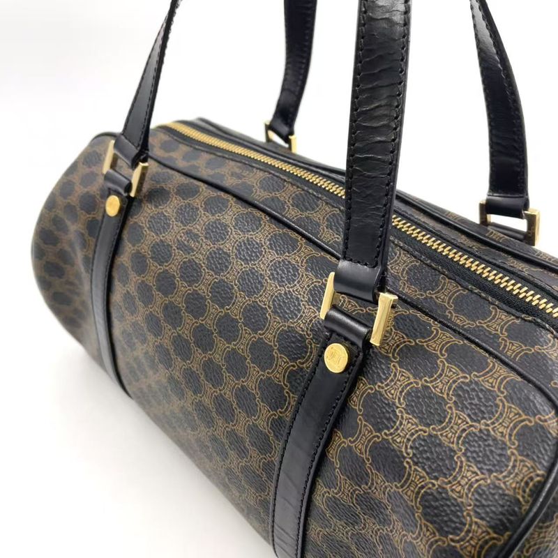 Celine Macadam Pattern Mini Boston Leather X PVC Brown X Black Handbag Gold