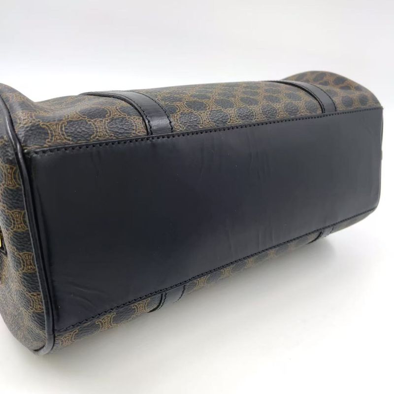 Celine Macadam Pattern Mini Boston Leather X PVC Brown X Black Handbag Gold