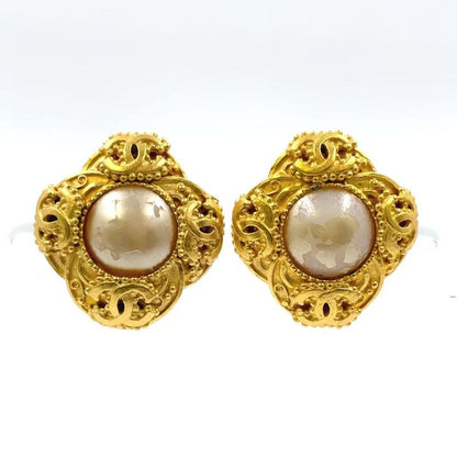 Chanel Coco Mark Pearl GP X Faux Pearl Off White X Gold Earrings