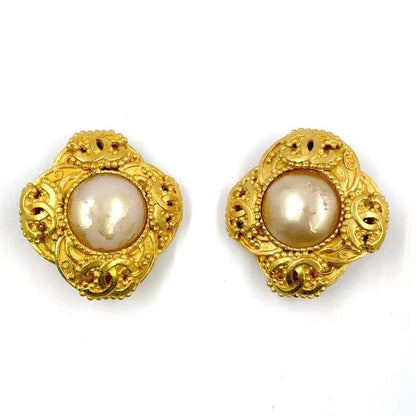 Chanel Coco Mark Pearl GP X Faux Pearl Off White X Gold Earrings