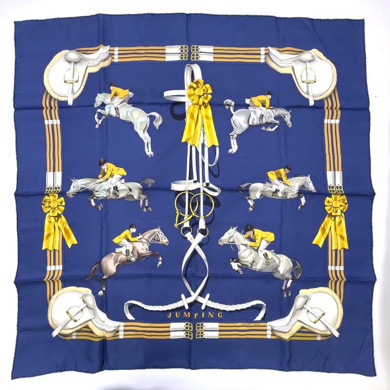 Hermes Carré 90 Jumping Silk Navy Scarf