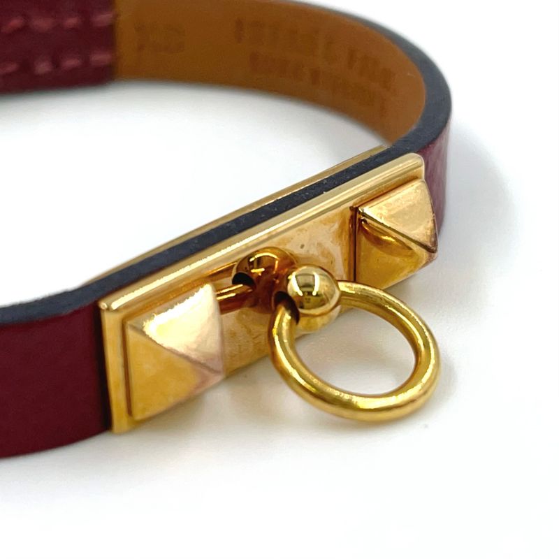 Hermes Rival Mini X Engraved Leather Red Bracelet With Gold Bangle