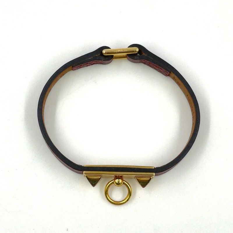 Hermes Rival Mini X Engraved Leather Red Bracelet With Gold Bangle
