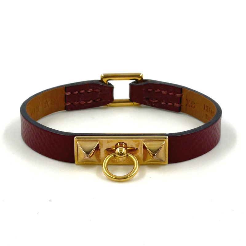 Hermes Rival Mini X Engraved Leather Red Bracelet With Gold Bangle