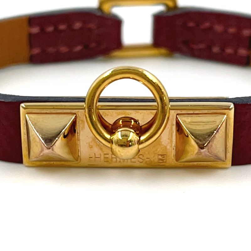 Hermes Rival Mini X Engraved Leather Red Bracelet With Gold Bangle