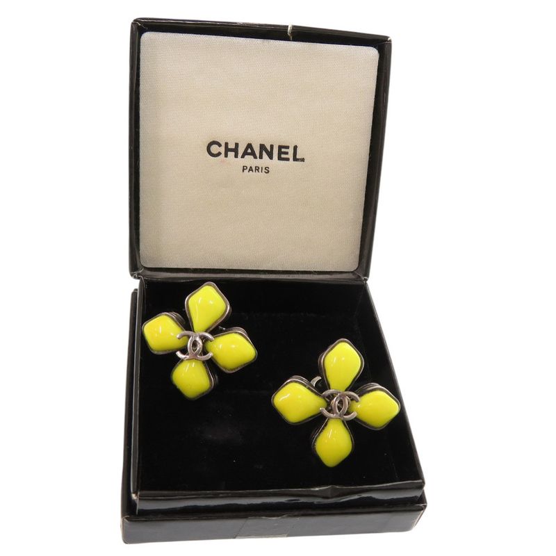 Chanel Coco Mark Flower Motif Metal/stone Yellow 96P Earrings 0149 Accessories