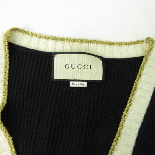 Gucci Embroidery Pearl Button Knit Cardigan Loved GG 467691 Navy L AA