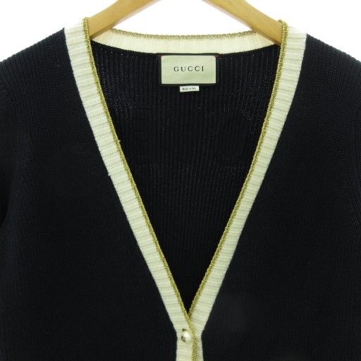 Gucci Embroidery Pearl Button Knit Cardigan Loved GG 467691 Navy L AA