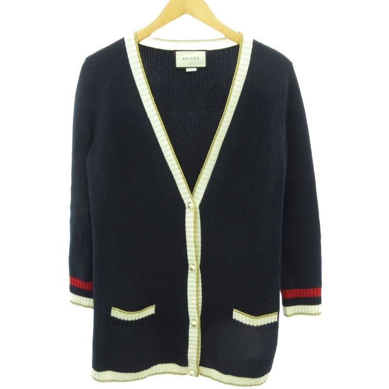 Gucci Embroidery Pearl Button Knit Cardigan Loved GG 467691 Navy L AA