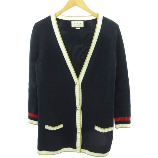 Gucci Embroidery Pearl Button Knit Cardigan Loved GG 467691 Navy L AA
