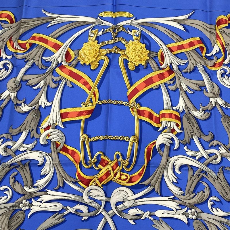 Hermes Scarf Carré 90 Blue Gray And Multi Le Mors A La Conetable Silk